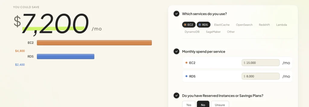 Usage.ai live calculator with per-service spend inputs and a $7,733/month savings estimate broken out by service.