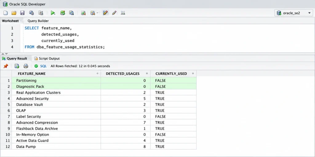 Oracle SQL Developer result showing Diagnostic Pack and Partitioning at zero detected usages, confirming SE2 eligibility.