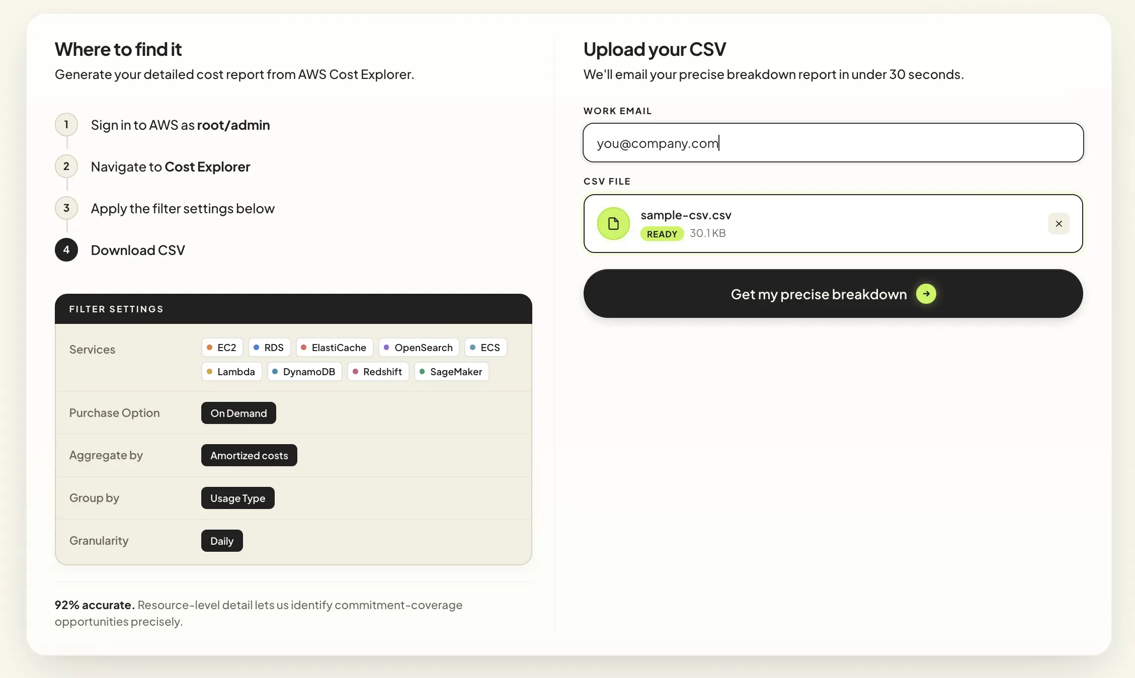Usage.ai AWS Cost Explorer CSV savings estimate result showing 92% accuracy breakdown by service and region