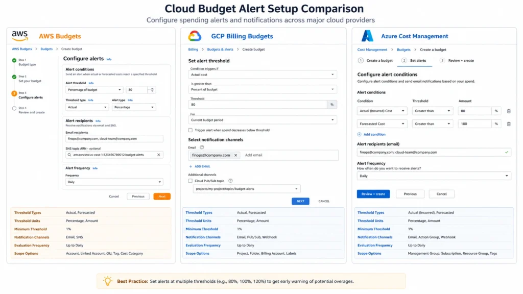 Cloud budget alert setup comparison showing threshold configuration in AWS Budgets, GCP Billing Budgets, and Azure Cost Management.