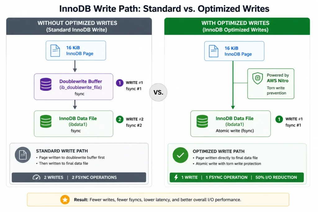 Technical architecture diagram showing the InnoDB write path in two configurations side by side: the left panel labeled Standard InnoDB with Doublewrite Buffer shows a data modification flowing through a two-step process where the 16 KiB page is first written sequentially to the doublewrite buffer with an fsync system call creating a safe copy, then written to its actual location in the data file with a second fsync, with annotations showing this doubles the write I/O and an fsync count of 2 per page write; the right panel labeled RDS Optimized Writes shows the same data modification flowing directly from InnoDB to the data file in a single atomic 16 KiB write backed by the AWS Nitro System torn write prevention at the hardware layer, with annotations showing 1 write per page, 1 fsync, and 50 percent I/O reduction, with the Nitro hardware guarantee replacing the software-level doublewrite buffer protection
