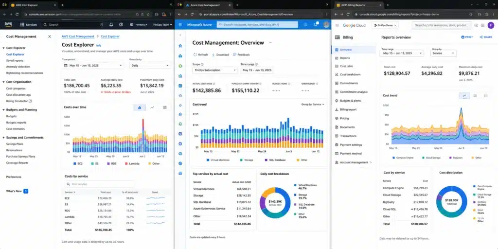 Three separate cloud billing dashboards showing fragmented cost data with no consolidated multi-cloud view.