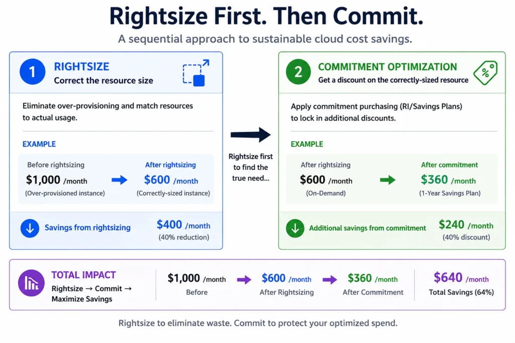 Diagram showing rightsizing and commitment optimization as sequential cost reduction steps in a FinOps workflow.