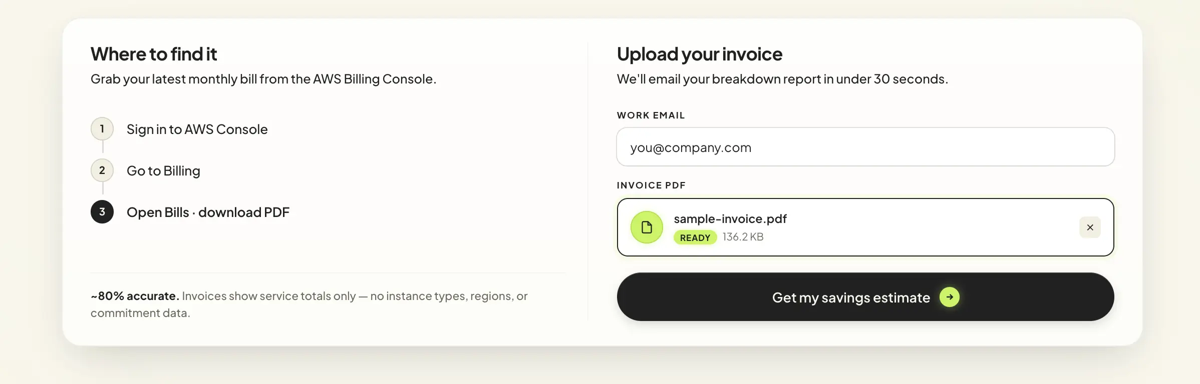 Usage.ai AWS savings calculator invoice upload interface