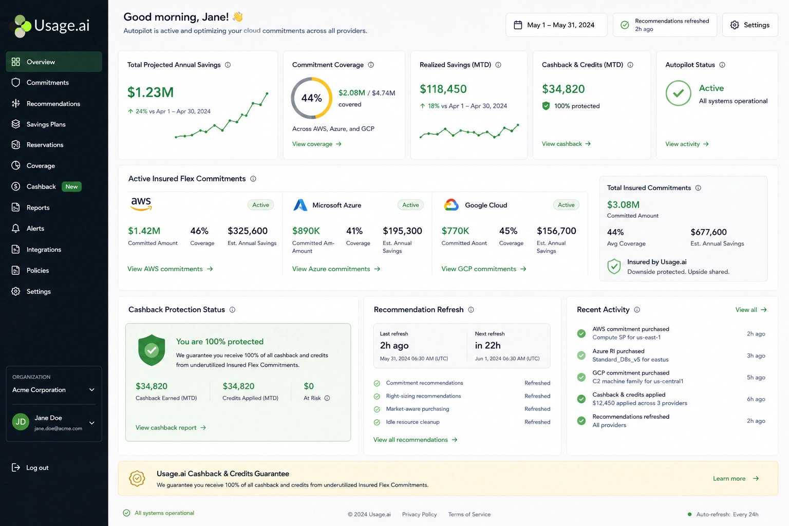 Usage.ai Autopilot dashboard showing active Insured Flex Commitments, cashback protection status, and recommendation refresh across AWS, Azure, and GCP