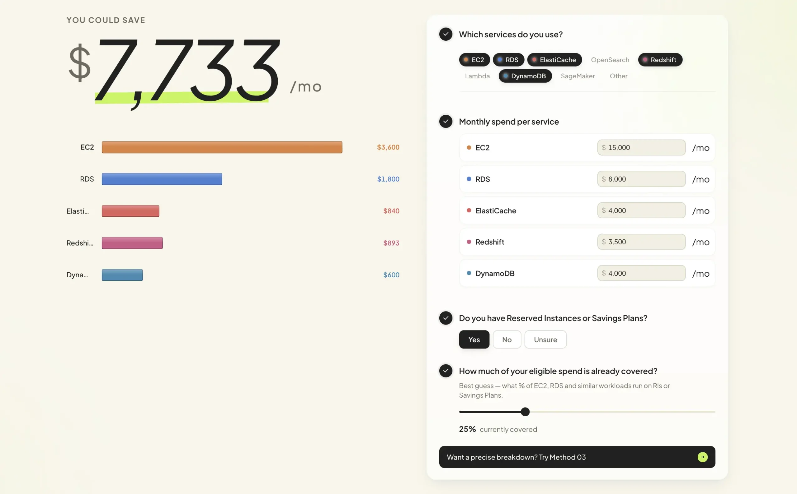 Usage.ai live AWS savings calculator slider showing estimated monthly savings