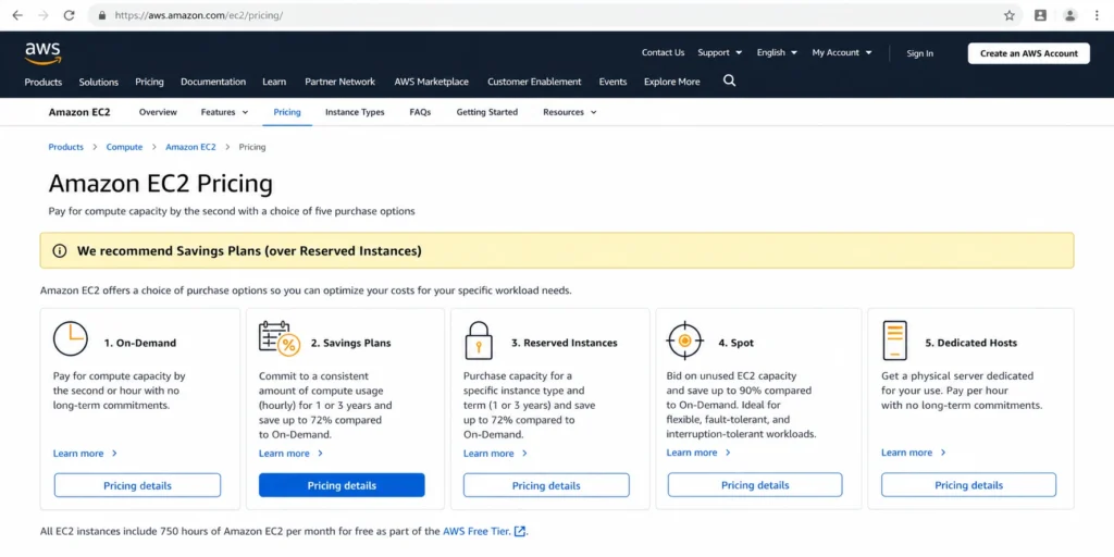 AWS EC2 pricing page showing five purchase options with the yellow recommendation callout stating AWS recommends Savings Plans over Reserved Instances for steady workloads, illustrating the official AWS guidance on commitment instrument preference.