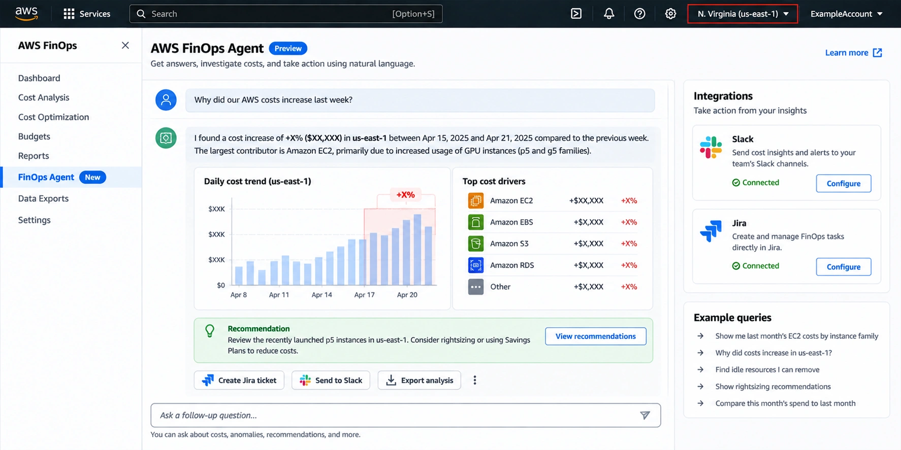 AWS FinOps Agent console showing a natural-language cost query and an anomaly investigation result in us-east-1.