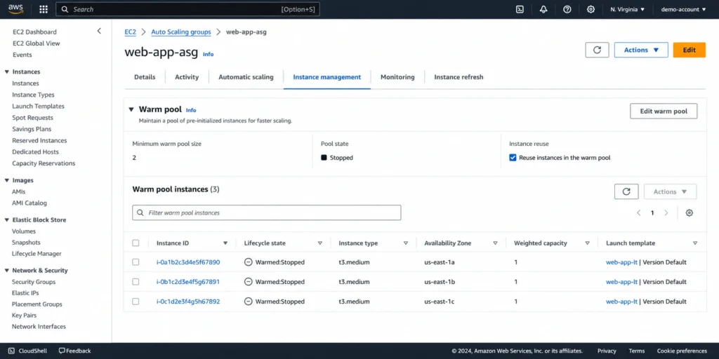 Amazon EC2 Auto Scaling console Instance management tab showing warm pool section with instances in Warmed:Stopped state, minimum pool size of 2, Stopped pool state configured, and the Instance reuse on scale-in checkbox enabled.