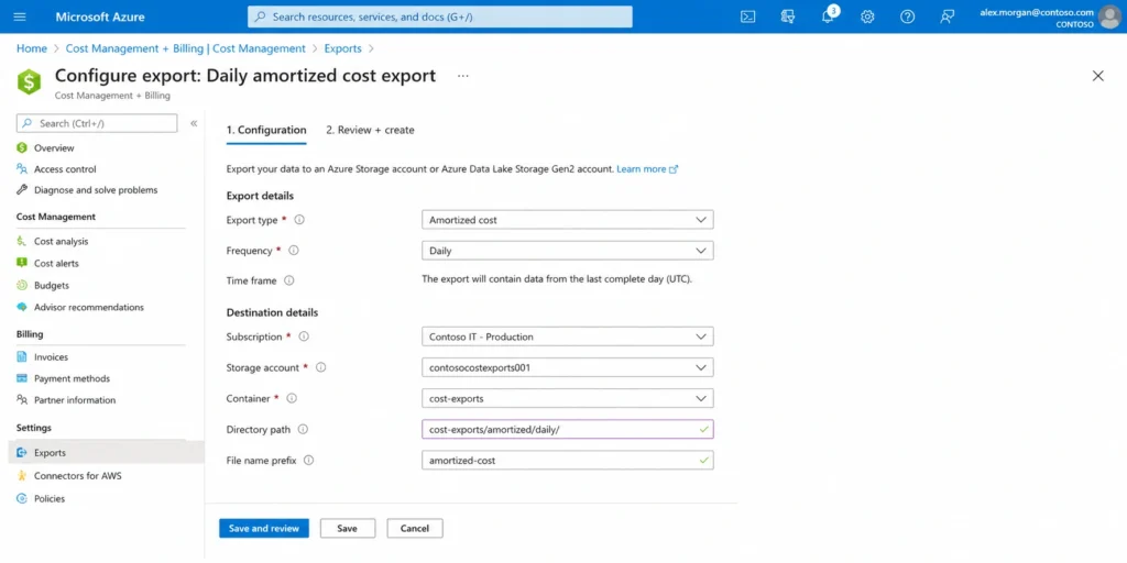 Azure Cost Management Exports configuration screen, showing Export Type set to Amortized Cost, Daily frequency, and the target storage account fields filled in.