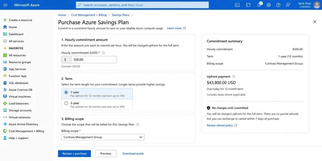 Azure Portal interface for purchasing a Savings Plan, showing the dollar-per-hour commitment field and 1-year or 3-year term options. This is the single screen where the entire 12- or 36-month financial commitment gets locked in.