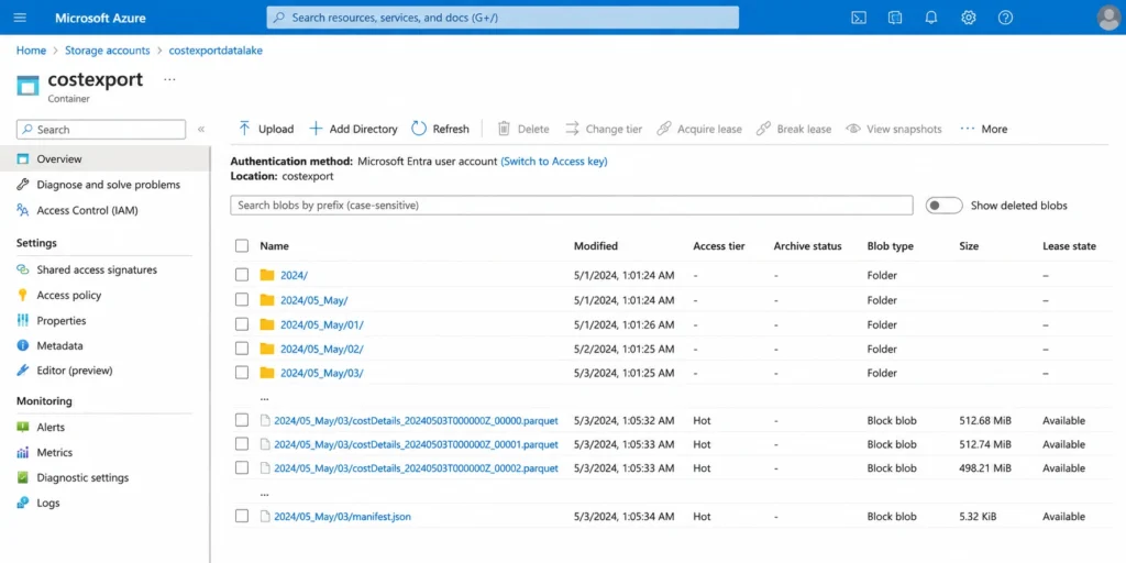Azure Storage container showing partitioned Azure Cost Management export files and manifest.json.