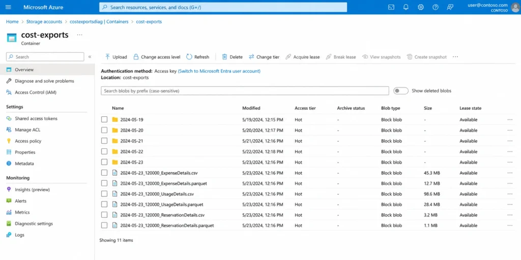 Azure Blob Storage container view showing exported cost data files organized into dated folders by export run. This is what a completed export delivery looks like before Power BI ingestion.