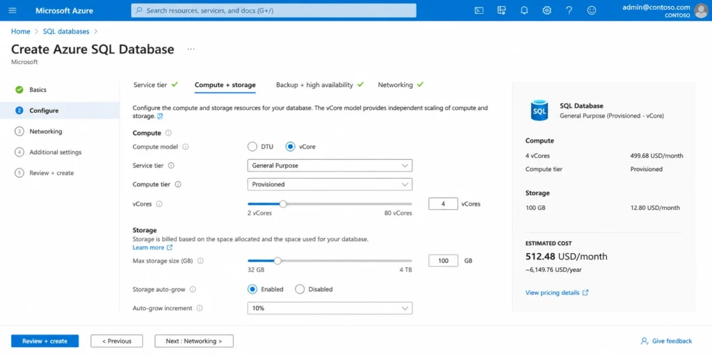 Azure portal SQL Database configuration page with vCore model, General Purpose tier, provisioned compute, 4 vCores selected, and 100 GB storage configured separately -- illustrating the independent compute and storage scaling of the vCore purchasing model.