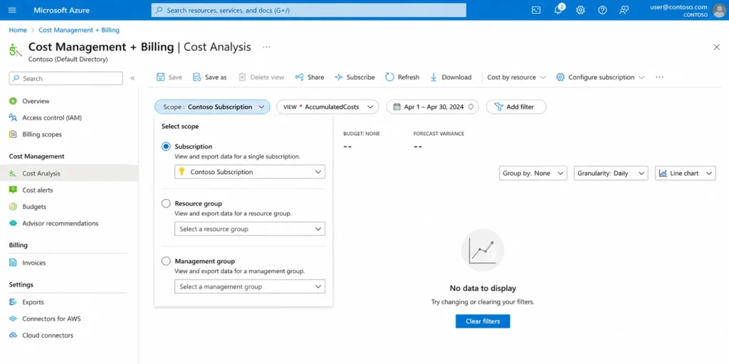 Azure Cost Management billing scope selector, showing options to choose a subscription, resource group, or management group. Scope determines how much cost data the export will capture.