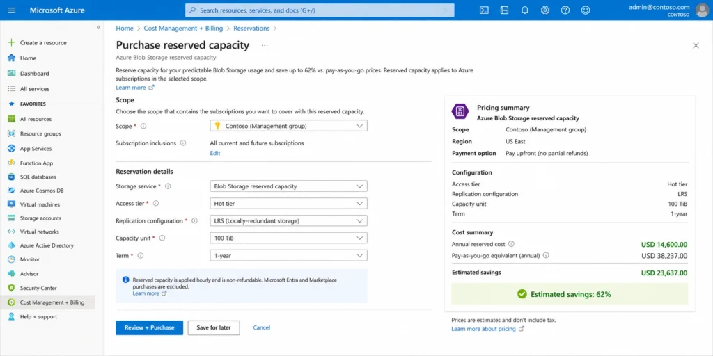 Azure portal Blob Storage reserved capacity purchase screen showing 100 TiB Hot LRS 1-year reservation with annual cost and pay-as-you-go equivalent, illustrating the discount available for large-scale stable Blob Storage commitments.