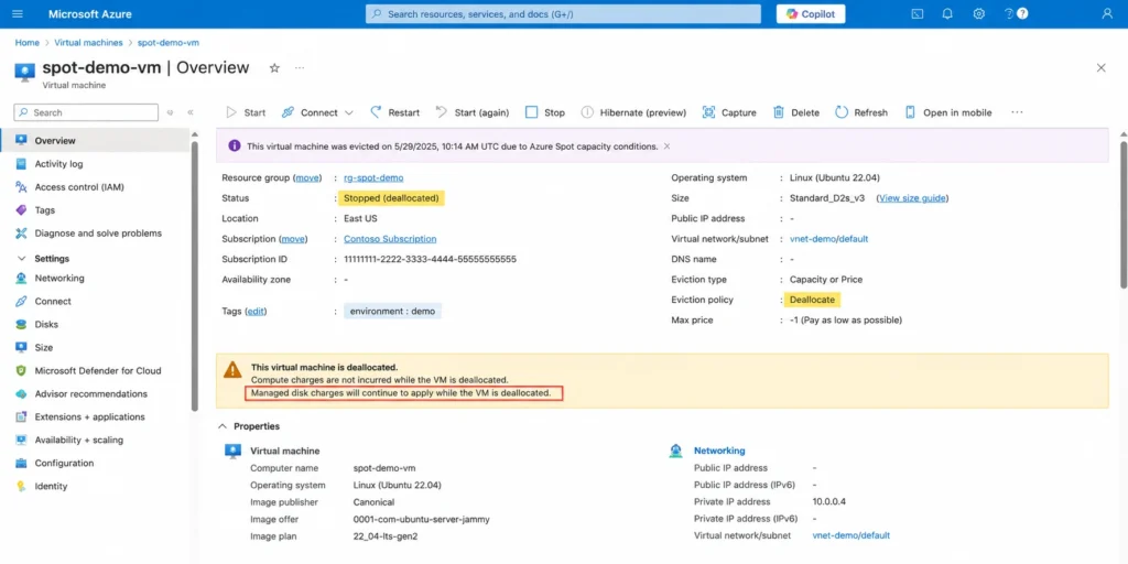 Azure portal showing a Spot VM in stopped-deallocated state after eviction with Deallocate policy, highlighting that managed disk charges continue while compute is stopped -- illustrating the ongoing storage cost consideration for the Deallocate eviction policy.