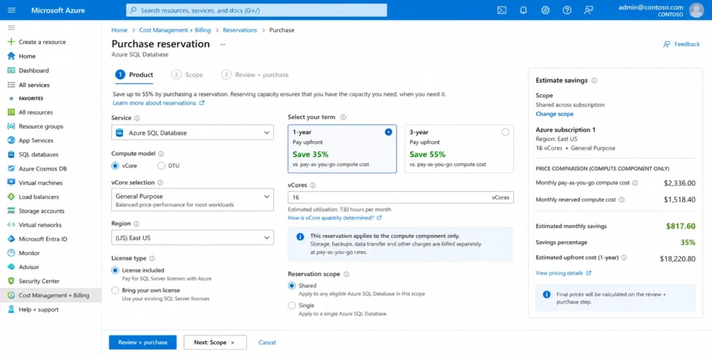 Azure portal reservation purchase page for Azure SQL Database showing vCore selection, General Purpose tier, and 1-year versus 3-year term options with discount percentages. A cost comparison shows the compute component at pay-as-you-go versus reserved rates.