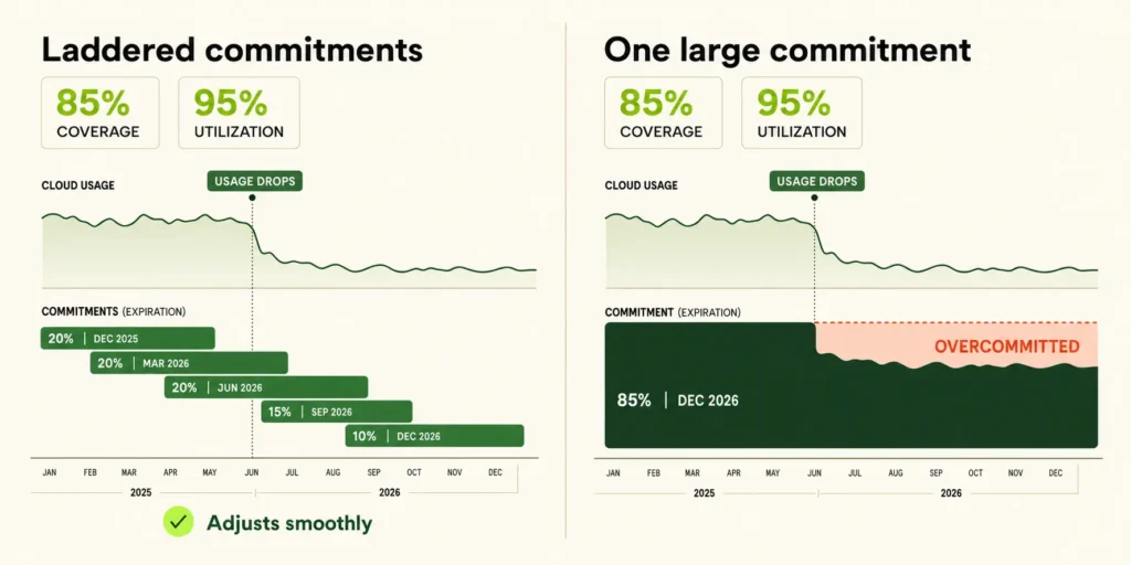 Two cloud accounts with matching coverage and utilization stats but different outcomes after a usage drop, based on laddered versus lump-sum commitments