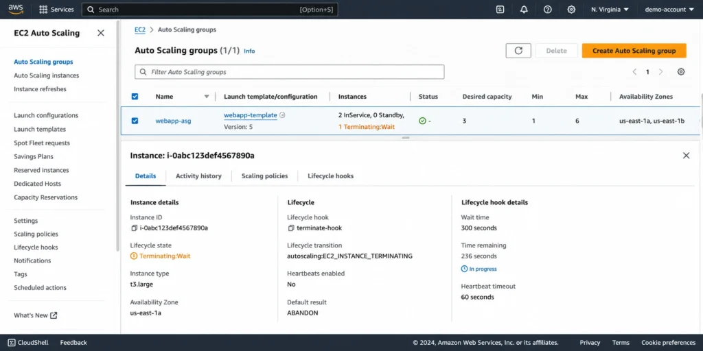 Auto Scaling console displaying an EC2 instance paused in the Terminating:Wait state during a termination lifecycle hook. The lifecycle hook name and remaining wait time are visible in the instance details panel.