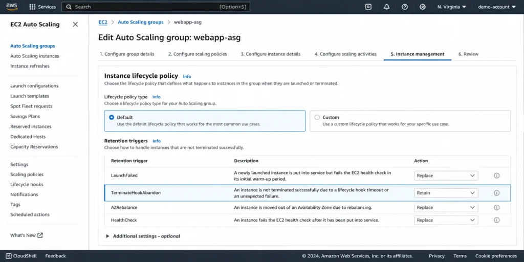 EC2 Auto Scaling group configuration showing the instance lifecycle policy with the TerminateHookAbandon retention trigger enabled.