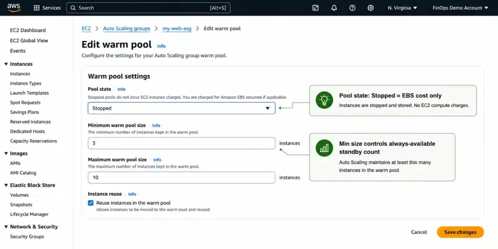 AWS EC2 Auto Scaling console Edit warm pool dialog showing pool state set to Stopped and minimum warm pool size configuration