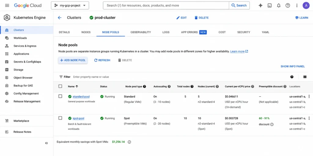 Google Cloud console GKE node pools view for a cluster showing two pools: a standard N2 node pool at full pricing and a Spot VM node pool at 60-91 percent discount, with per-vCPU rates and running node counts displayed for each pool.