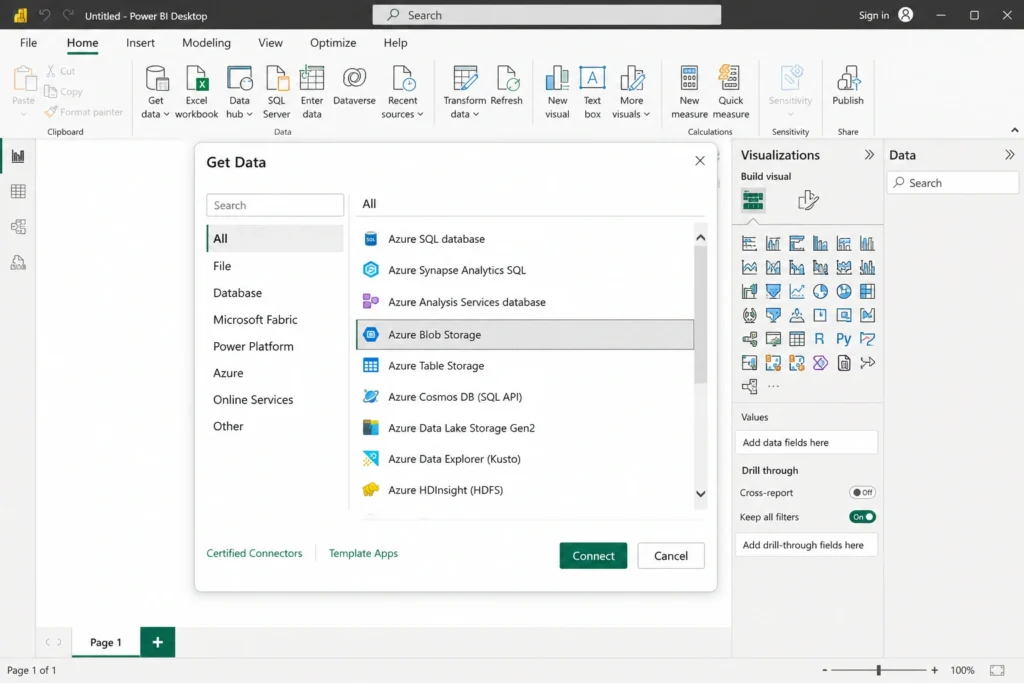 Power BI Desktop's Get Data dialog box, showing Azure Blob Storage selected from the list of available data source connectors.