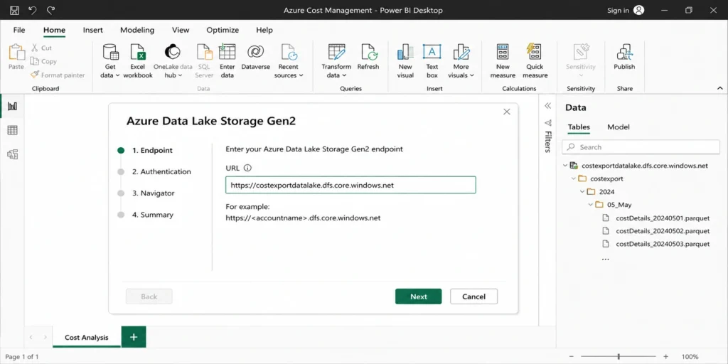 Power BI Desktop connecting to Azure Cost Management export data through Azure Data Lake Storage Gen2.