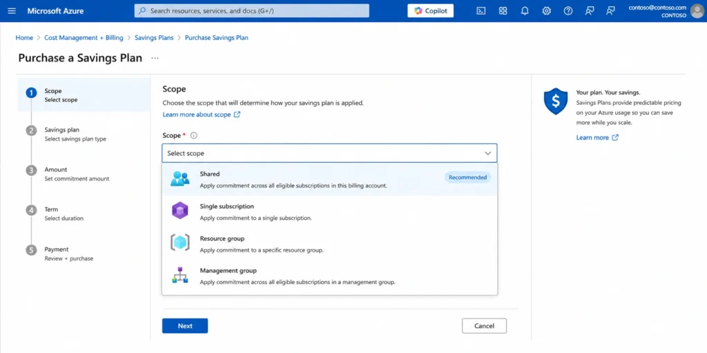 Azure Savings Plan scope selector showing four coverage options. Shared scope applies the commitment across every eligible subscription under the billing account automatically.