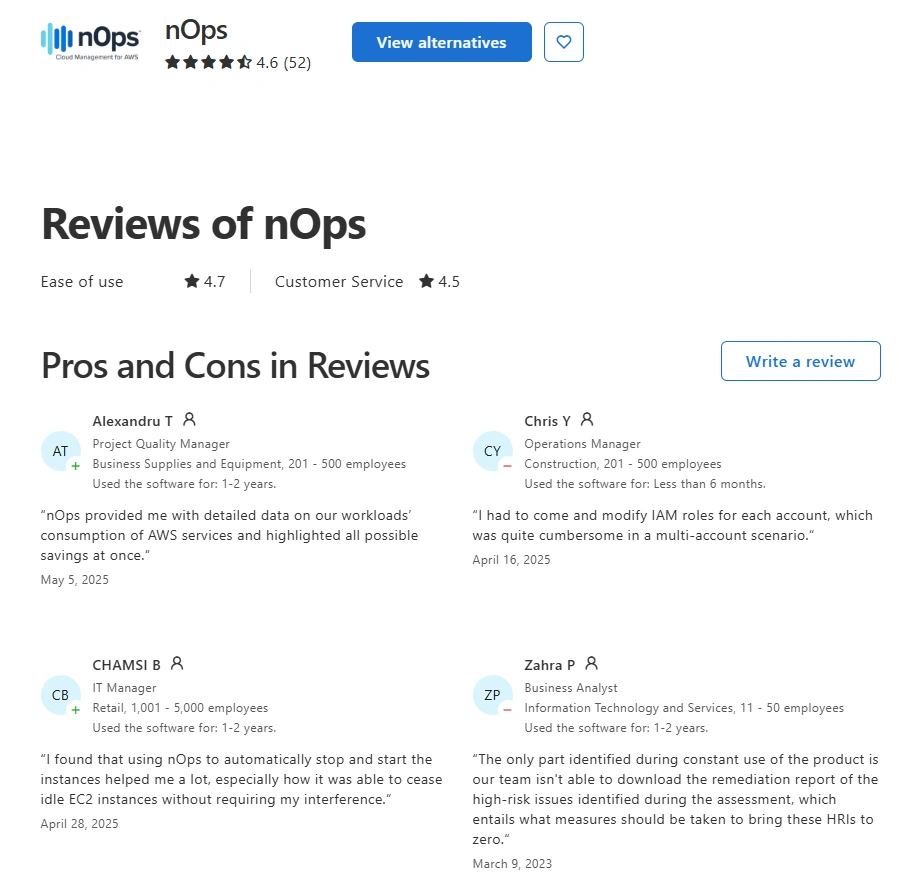 Screenshot of nOps Capterra's review