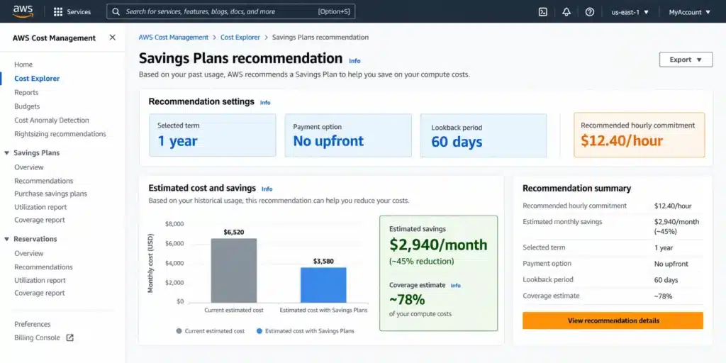 AWS Cost Explorer Savings Plans recommendation showing commitment settings, recommended hourly commitment, and estimated savings.