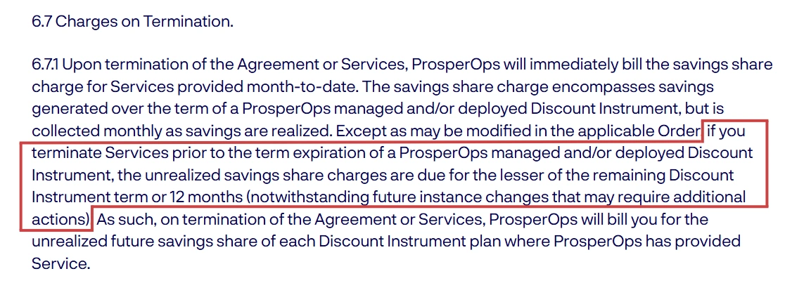 A screenshot of ProsperOps service terms