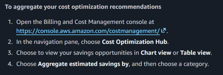 A screenshot of how to aggregate your cost optimization recommendations on AWS