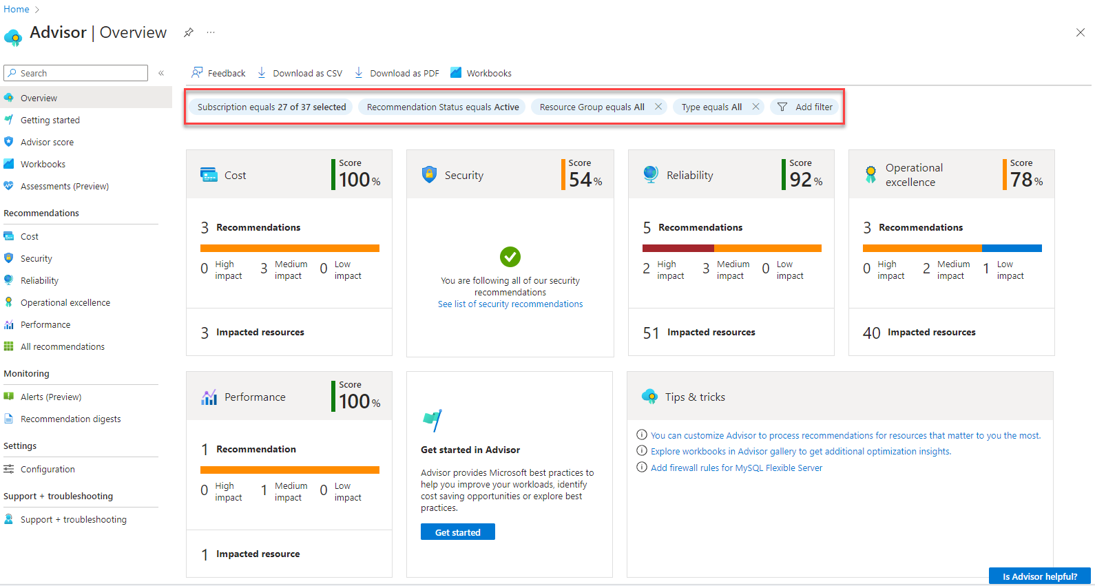 Azure Advisor dashboard showing resource rightsizing and cost optimization recommendations